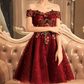Vintage Burgundy Floral Applique Off-the-shoulder Design A-line Tulle Party Dress Homecoming Dress DP6079