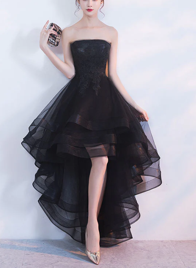 Vintage Black Strapless Ruffled Hem Design A-line Tulle Party Dress Homecoming Dress DP6075