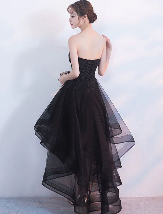 Robe de soirée trapèze en tulle, style vintage, noire, sans bretelles, avec ourlet à volants, DP6075