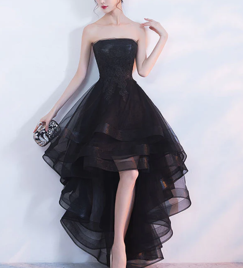 Vintage Black Strapless Ruffled Hem Design A-line Tulle Party Dress Homecoming Dress DP6075