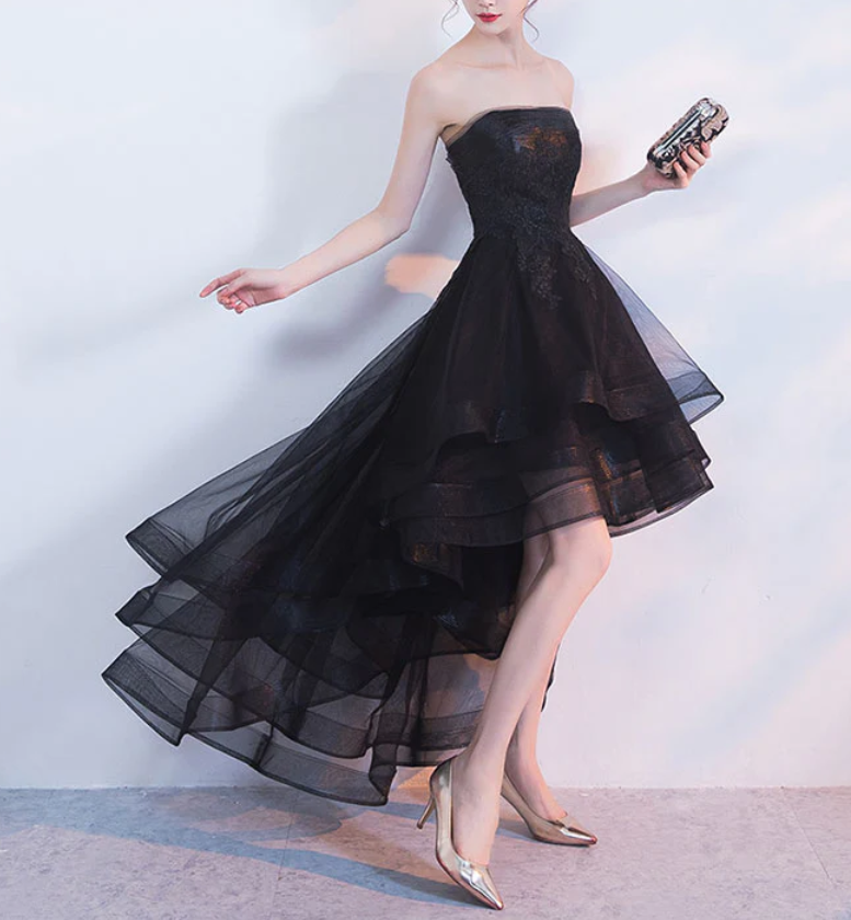 Vintage Black Strapless Ruffled Hem Design A-line Tulle Party Dress Homecoming Dress DP6075