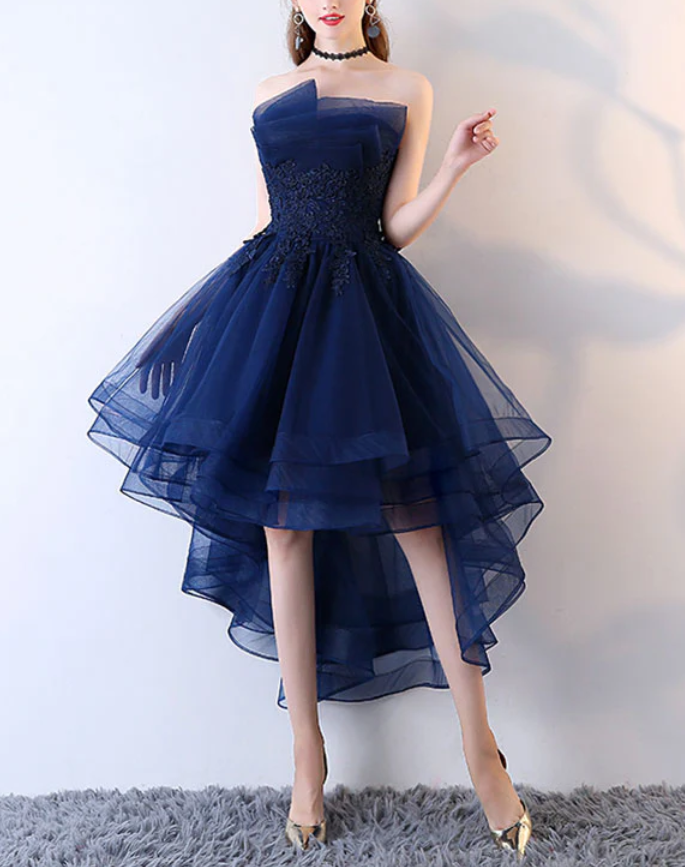 Retro Navy Blue Strapless Ruffled Hem Design A-line Tulle Party Dress Homecoming Dress DP6074