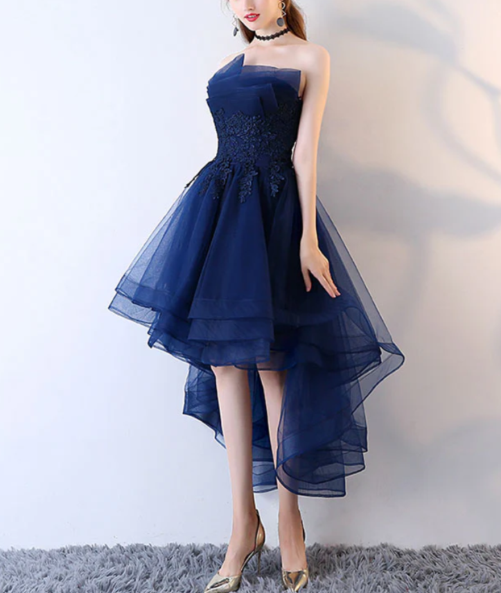 Retro Navy Blue Strapless Ruffled Hem Design A-line Tulle Party Dress Homecoming Dress DP6074