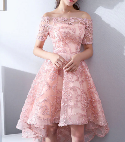 Vintage Pink Applique Off-the-shoulder Design A-line Tulle Party Dress Homecoming Dress DP6071