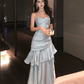 Vintage Blue Sweetheart Spaghetti Strap Mermaid Ruffled Hem Design Sexy Prom Dress Evening Dress DP6265