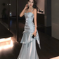 Vintage Blue Sweetheart Spaghetti Strap Mermaid Ruffled Hem Design Sexy Prom Dress Evening Dress DP6265
