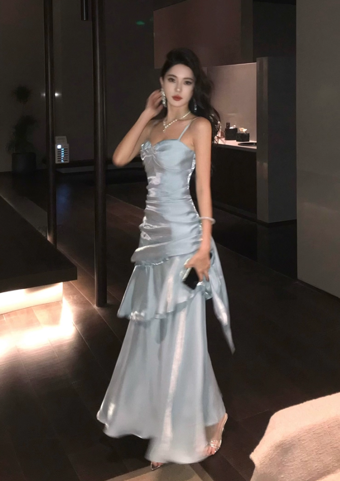 Vintage Blue Sweetheart Spaghetti Strap Mermaid Ruffled Hem Design Sexy Prom Dress Evening Dress DP6265
