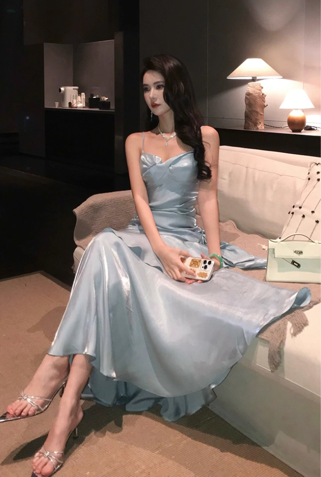 Vintage Blue Sweetheart Spaghetti Strap Mermaid Ruffled Hem Design Sexy Prom Dress Evening Dress DP6265