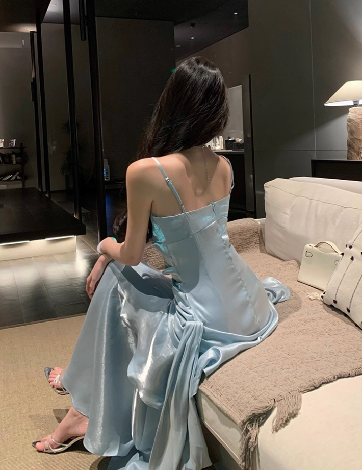 Vintage Blue Sweetheart Spaghetti Strap Mermaid Ruffled Hem Design Sexy Prom Dress Evening Dress DP6265