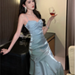 Vintage Blue Sweetheart Spaghetti Strap Mermaid Ruffled Hem Design Sexy Prom Dress Evening Dress DP6265