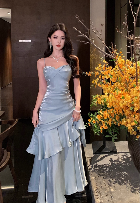 Vintage Blue Sweetheart Spaghetti Strap Mermaid Ruffled Hem Design Sexy Prom Dress Evening Dress DP6265