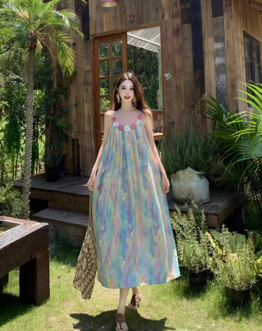 Elegantes ärmelloses Sommerkleid mit Spaghettiträgern im Vintage-Stil mit Blumenmuster für den Strandurlaub, A-Linie, DP6263
