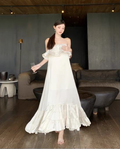 Vintage Elfenbein trägerloses Rüschensaum-Design Elegantes Strandurlaub A-Linie Ärmelloses Sommerkleid DP6262