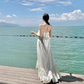 Vintage Elfenbein trägerloses Rüschensaum-Design Elegantes Strandurlaub A-Linie Ärmelloses Sommerkleid DP6262