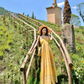 Vintage Gelb Bohemian Stil Design Elegante Strand Urlaub A-Linie Ärmelloses Neckholder Kleid DP6261