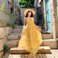 Vintage Gelb Bohemian Stil Design Elegante Strand Urlaub A-Linie Ärmelloses Neckholder Kleid DP6261