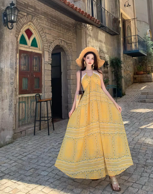 Vintage Gelb Bohemian Stil Design Elegante Strand Urlaub A-Linie Ärmelloses Neckholder Kleid DP6261