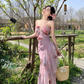 Vintage Rosa Blumen Unregelmäßiger Saum Design Elegantes Strandurlaub A-Linie Ärmelloses Neckholderkleid DP6260