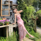 Vintage Rosa Blumen Unregelmäßiger Saum Design Elegantes Strandurlaub A-Linie Ärmelloses Neckholderkleid DP6260