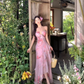 Vintage Rosa Blumen Unregelmäßiger Saum Design Elegantes Strandurlaub A-Linie Ärmelloses Neckholderkleid DP6260