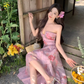 Vintage Rosa Blumen Unregelmäßiger Saum Design Elegantes Strandurlaub A-Linie Ärmelloses Neckholderkleid DP6260