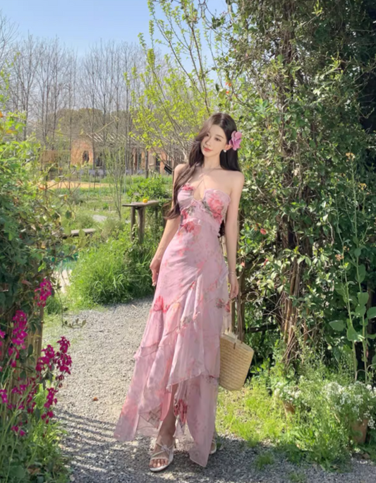 Vintage Rosa Blumen Unregelmäßiger Saum Design Elegantes Strandurlaub A-Linie Ärmelloses Neckholderkleid DP6260