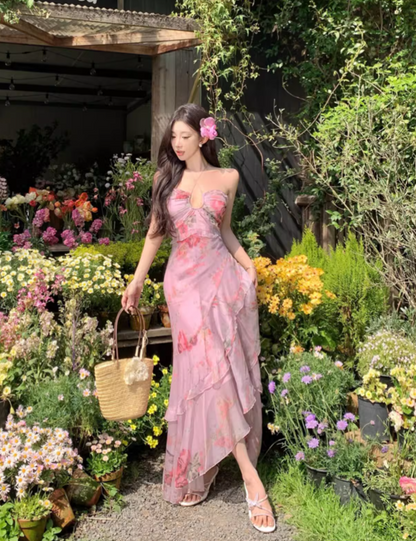 Vintage Rosa Blumen Unregelmäßiger Saum Design Elegantes Strandurlaub A-Linie Ärmelloses Neckholderkleid DP6260
