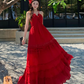Vintage Burgundy V-neck Design Elegant Beach Holiday A-Line Sleeveless Halter Dress DP6259