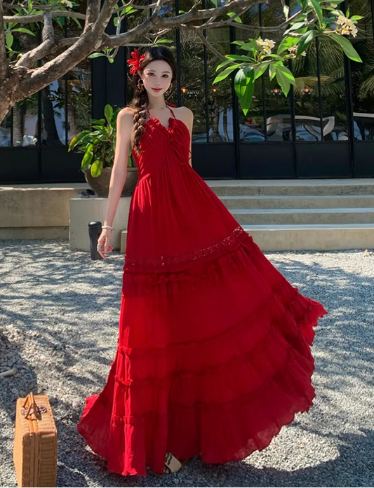 Vintage Burgunderrotes V-Ausschnitt-Design Elegantes Strandurlaubs-A-Linien-Neckholderkleid DP6259