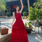 Vintage Burgundy V-neck Design Elegant Beach Holiday A-Line Sleeveless Halter Dress DP6259