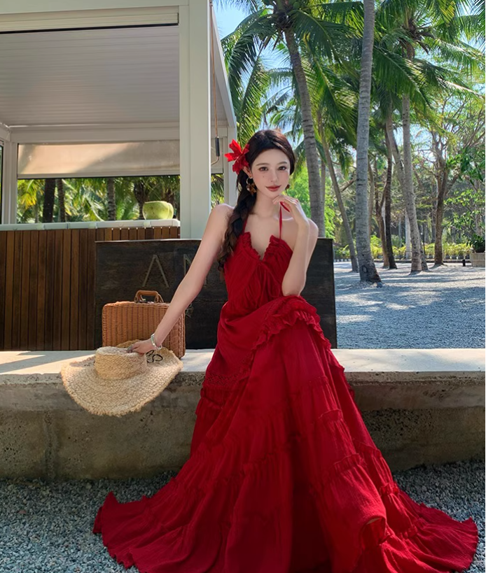 Vintage Burgundy V-neck Design Elegant Beach Holiday A-Line Sleeveless Halter Dress DP6259