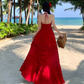 Vintage Burgundy V-neck Design Elegant Beach Holiday A-Line Sleeveless Halter Dress DP6259