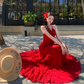 Vintage Burgundy V-neck Design Elegant Beach Holiday A-Line Sleeveless Halter Dress DP6259