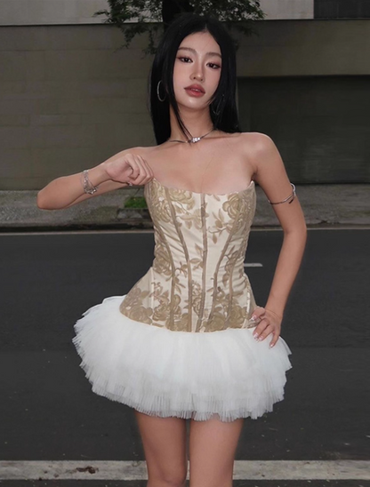 Vintage Khaki Strapless A-Line Short Summer Dresses Party Dress Homecoming Dress DP6349