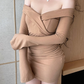 Vintage Khaki Off-the-shoulder Sheath Long-Sleeved Short Summer Dresses Party Dress Homecoming Dress DP6396