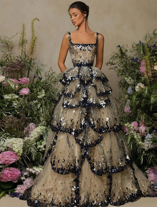 Wunderschönes, glänzendes, langes, gestuftes A-Linien-Ballkleid mit Pailletten, DP6537