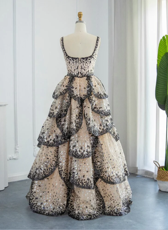 Wunderschönes, glänzendes, langes, gestuftes A-Linien-Ballkleid mit Pailletten, DP6537