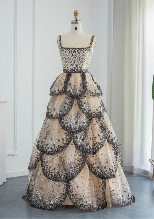 Wunderschönes, glänzendes, langes, gestuftes A-Linien-Ballkleid mit Pailletten, DP6537