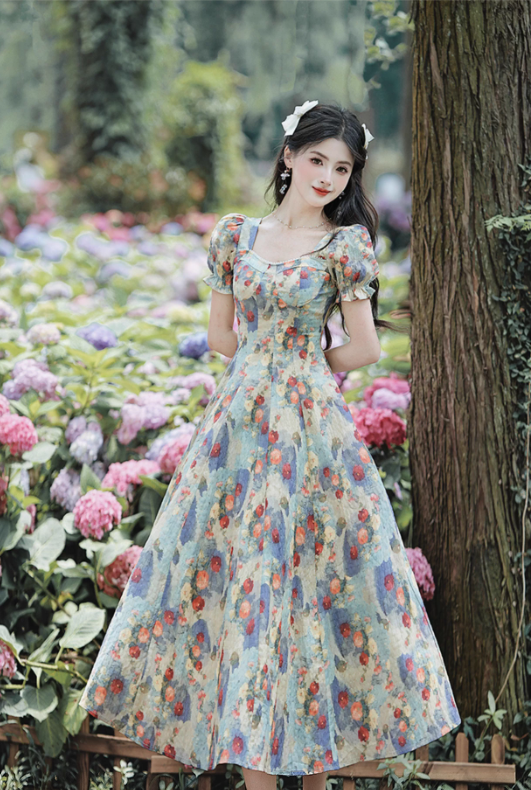 Vintage Floral A-Line Prom Dress Short-sleeve Evening Dress Long Formal Dress DP6700