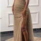 Elegant Champagne Strapless Prom Dress Sheath Beaded Strapless High Slit Evening Gown Long Party Dress Formal Dress DP6717