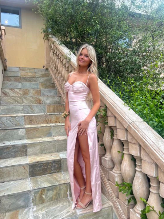 Robe de bal élégante rose en satin, fourreau, fente haute, bretelles spaghetti, robe de soirée longue, robe de soirée formelle DP6718