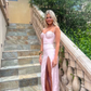 Robe de bal élégante rose en satin, fourreau, fente haute, bretelles spaghetti, robe de soirée longue, robe de soirée formelle DP6718