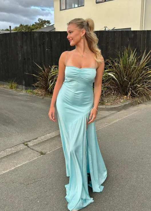 Elegant Satin Prom Dress Sheath Spaghetti Strap Evening Gown High Slit Party Dress Long Formal Dress DP6720