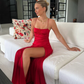 Elegant Satin Prom Dress Sheath Spaghetti Strap Evening Gown High Slit Party Dress Long Formal Dress DP6720