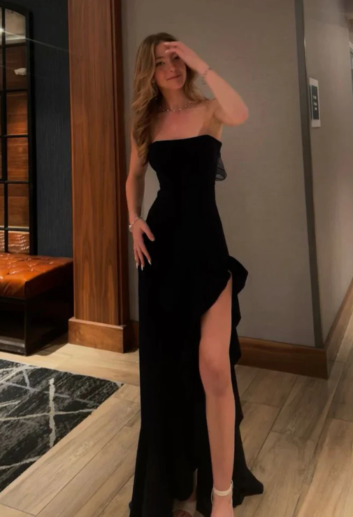 Elegant Black Prom Dress Sheath Strapless Evening Gown Long Party Dress High Slit Formal Dress DP6722