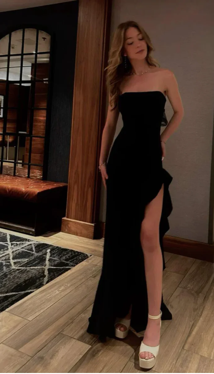 Elegant Black Prom Dress Sheath Strapless Evening Gown Long Party Dress High Slit Formal Dress DP6722