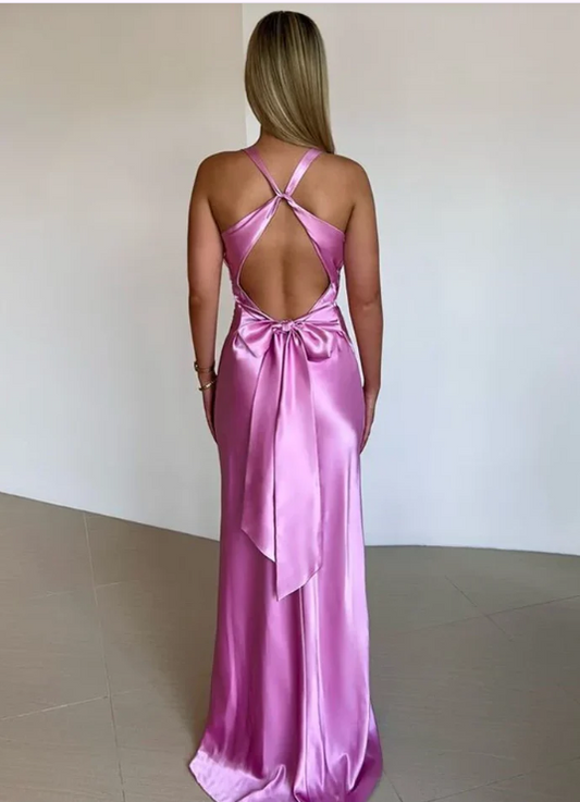 Elegant Satin Prom Dress Sheath Evening Gown Long Party Dress High Slit Formal Dress DP6723