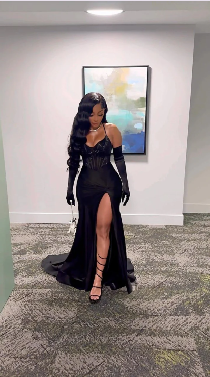 Elegant Black Sequin Prom Dress Sheath Evening Gown Long Party Dress High Slit Formal Dress DP6724