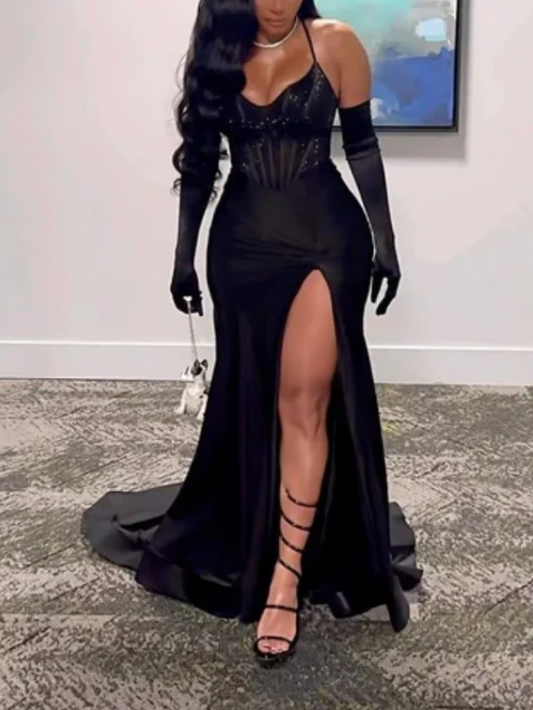 Elegant Black Sequin Prom Dress Sheath Evening Gown Long Party Dress High Slit Formal Dress DP6724