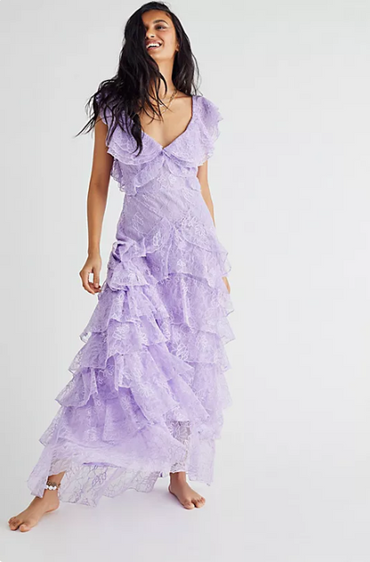 Elegant Lilac V-neck Prom Dress Lace Sheath Evening Gown Long Party Dress Tiered Formal Dress DP6725